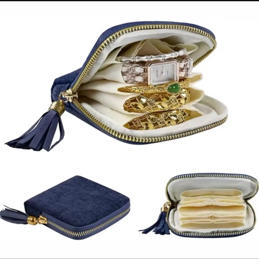 Navy Blue Travel Jewelry Case, Velvet, 5 Separate Compartments     ~NEW~